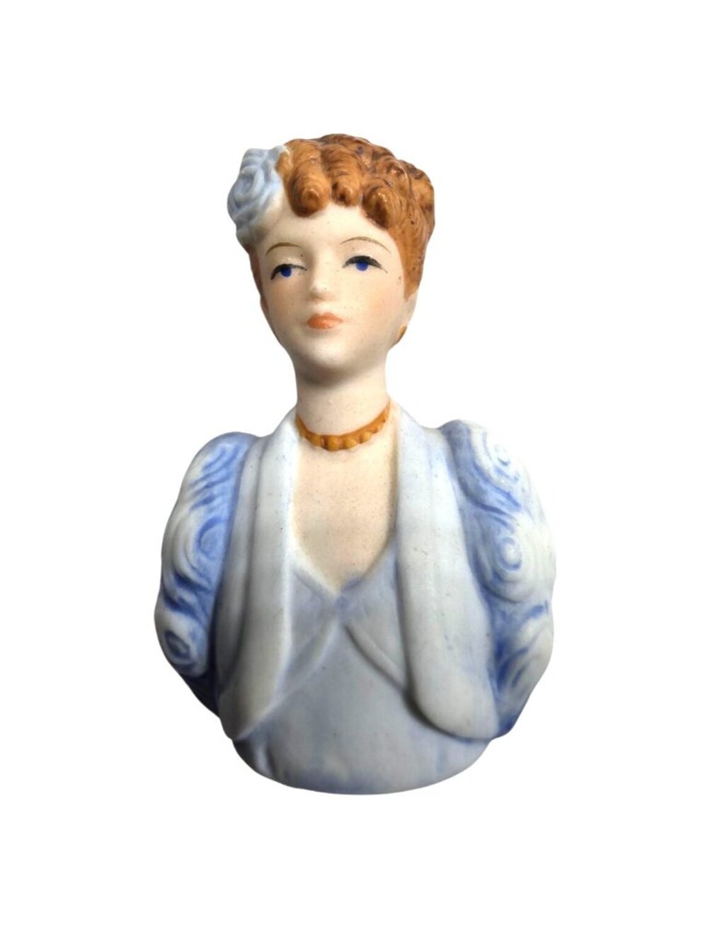 Vtg Avon thimble 1983 Porcelain Bust Figurine ladies of fashion 30s Blue white
